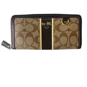 Coach Signature Zip Around Wallet Horse Carriage Stripe Brown‎ Designer